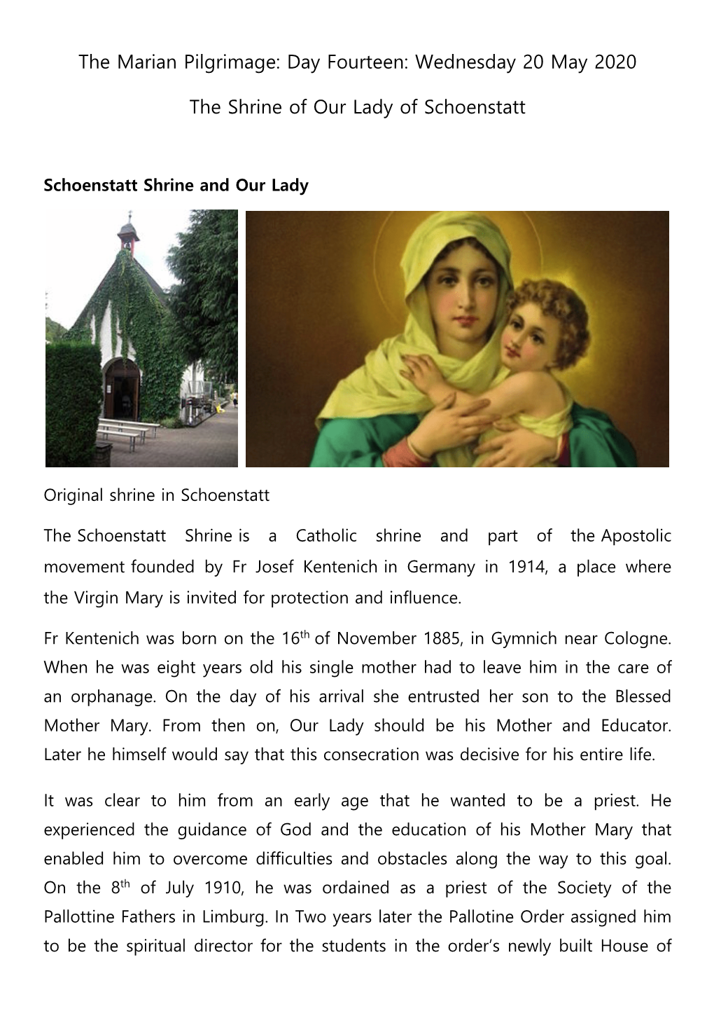 The Marian Pilgrimage: Day Fourteen: Wednesday 20 May 2020