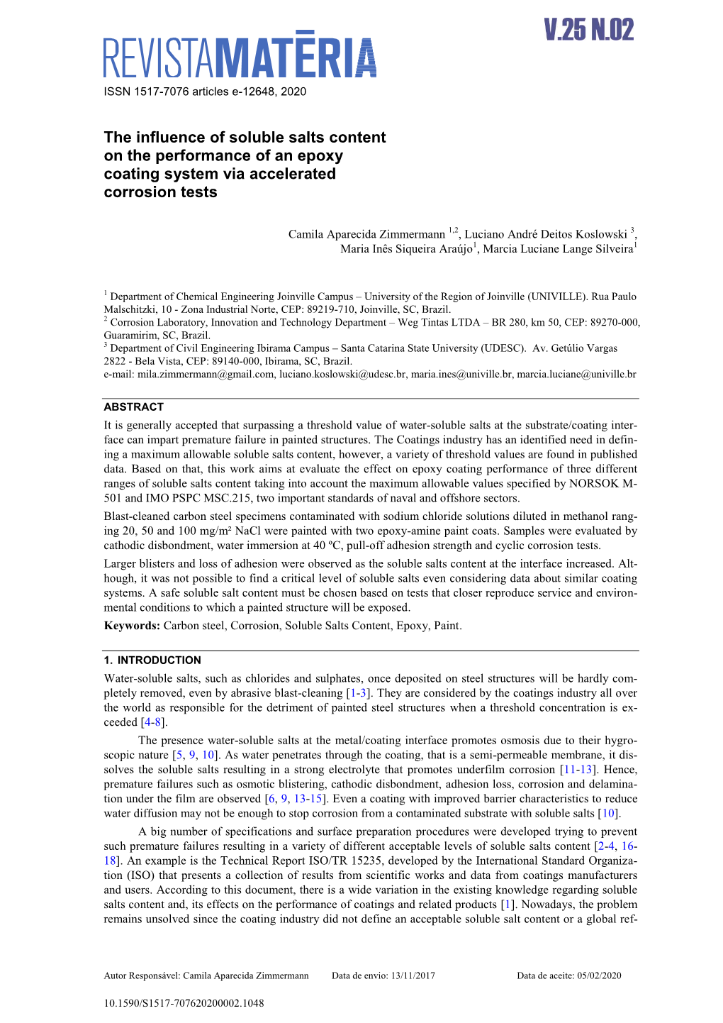 The Influence of Soluble Salts Content on the Performance of an Epoxy Coating System Via Accelerated Corrosion Tests