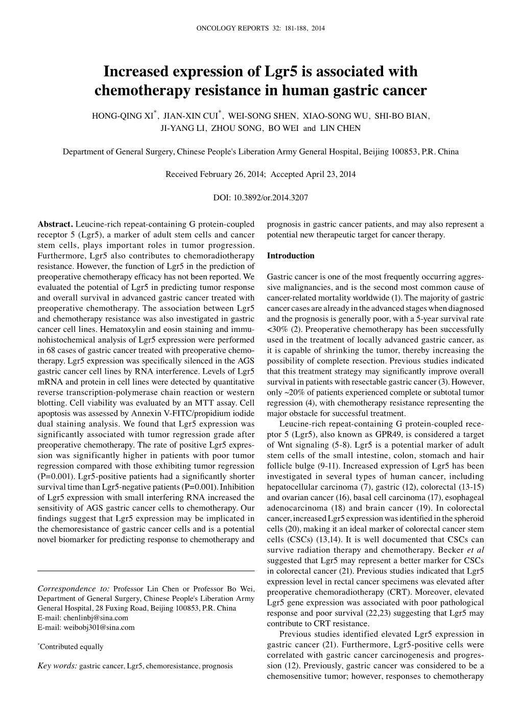 Increased Expression of Lgr5 Is Associated with Chemotherapy Resistance in Human Gastric Cancer