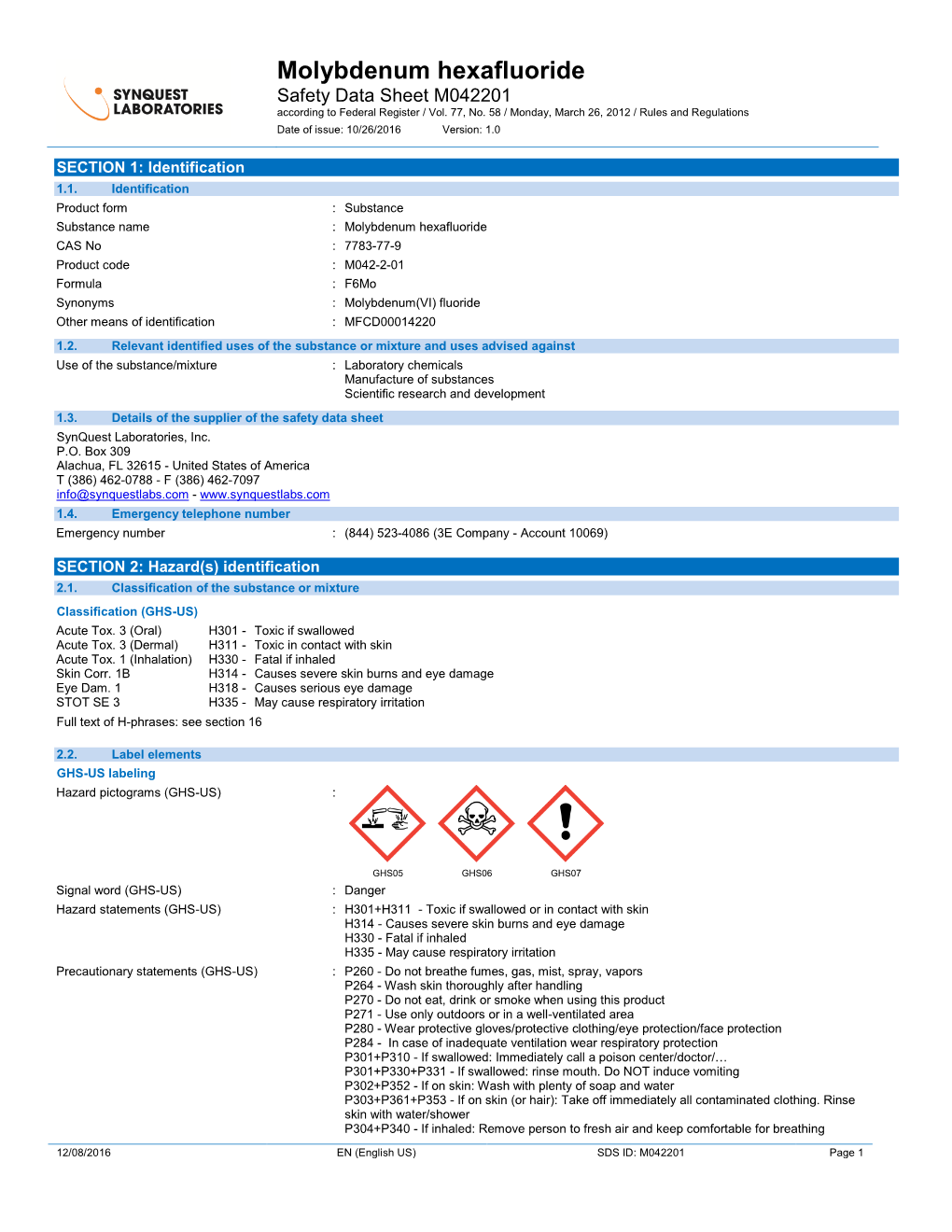 Molybdenum Hexafluoride Safety Data Sheet M042201 According to Federal Register / Vol