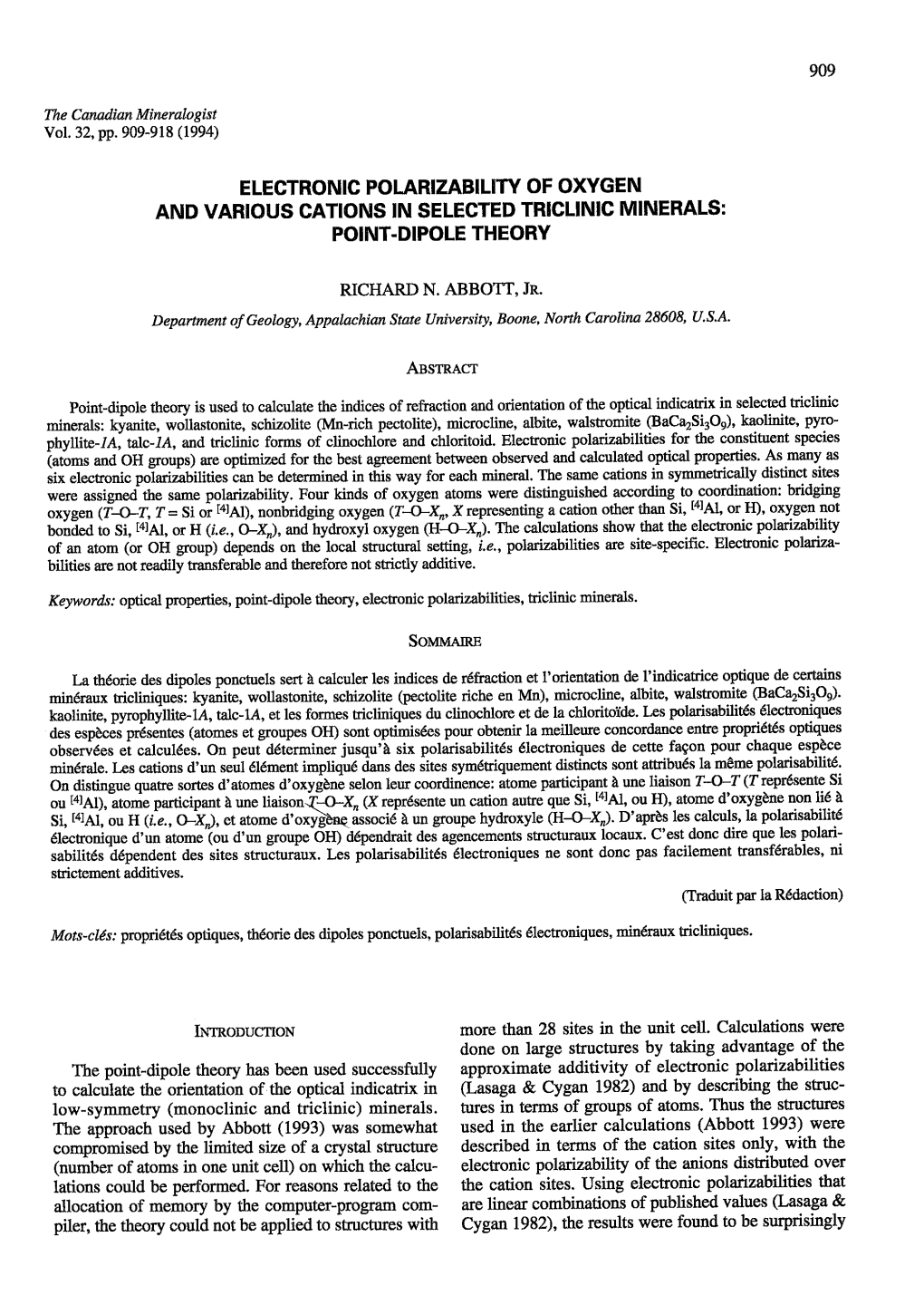 Electronic Polarizabiliw of Oxygen and Various Cations in Selected Triclinig Minerals: Point.Dipole Theory