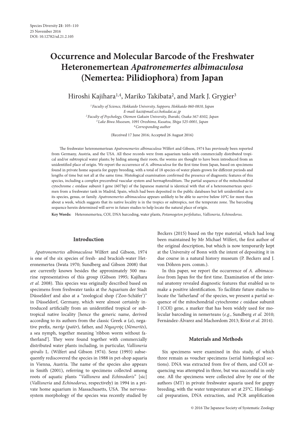 Occurrence and Molecular Barcode of the Freshwater Heteronemertean Apatronemertes Albimaculosa (Nemertea: Pilidiophora) from Japan