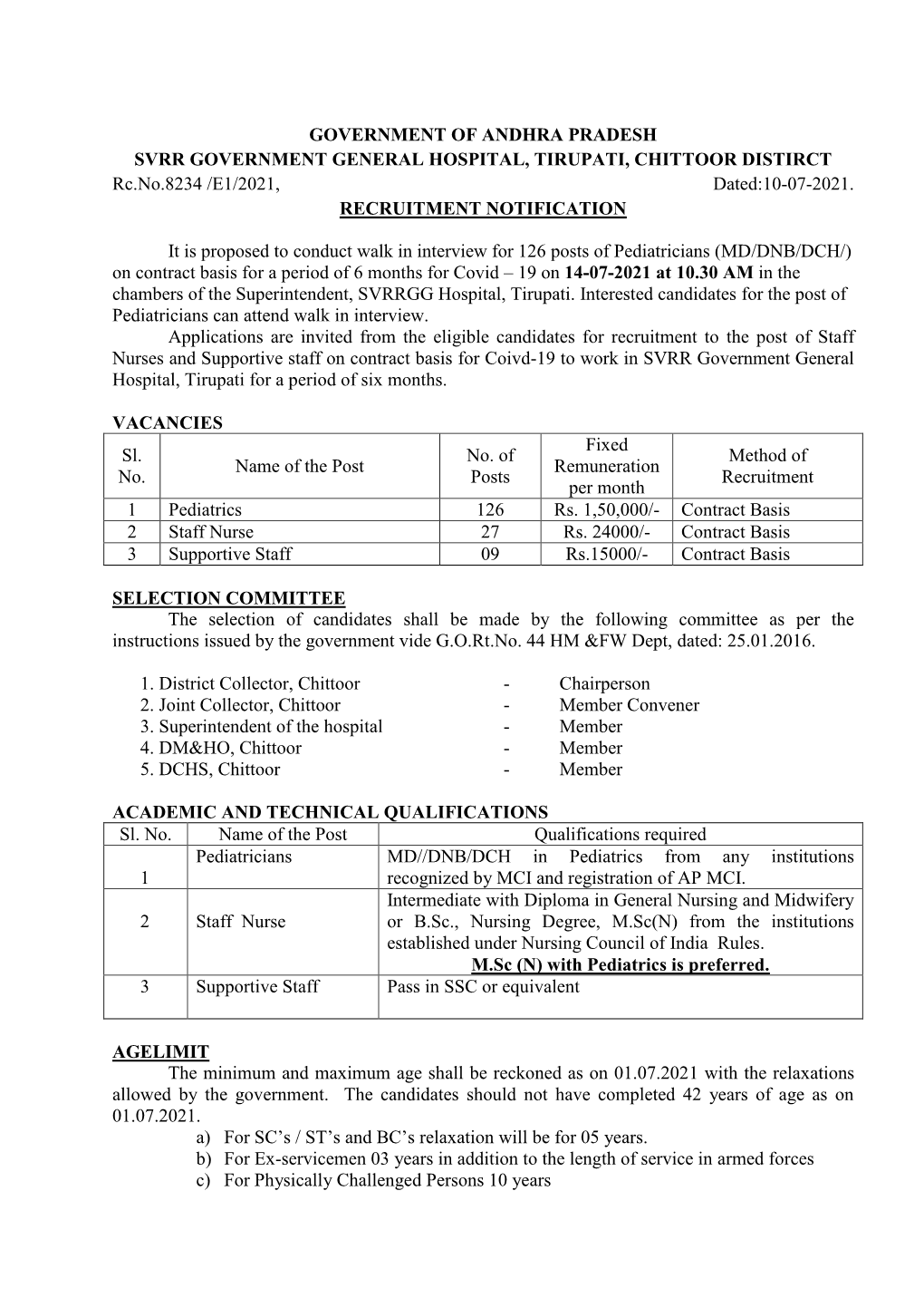 GOVERNMENT of ANDHRA PRADESH SVRR GOVERNMENT GENERAL HOSPITAL, TIRUPATI, CHITTOOR DISTIRCT Rc.No.8234 /E1/2021, Dated:10-07-2021