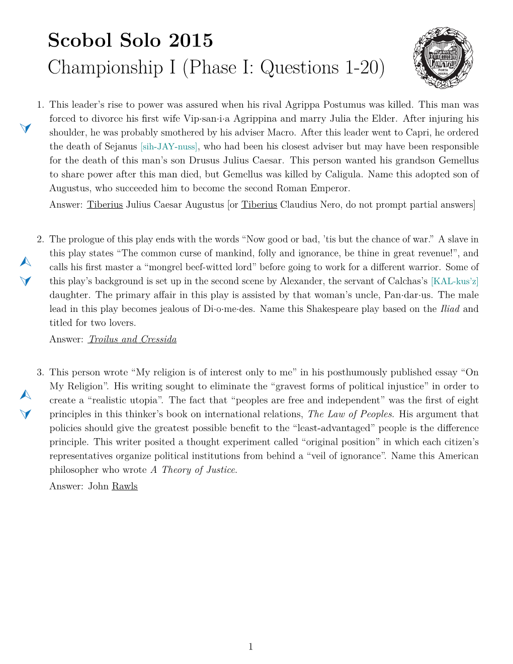 Scobol Solo 2015 Championship I (Phase I: Questions 1-20)