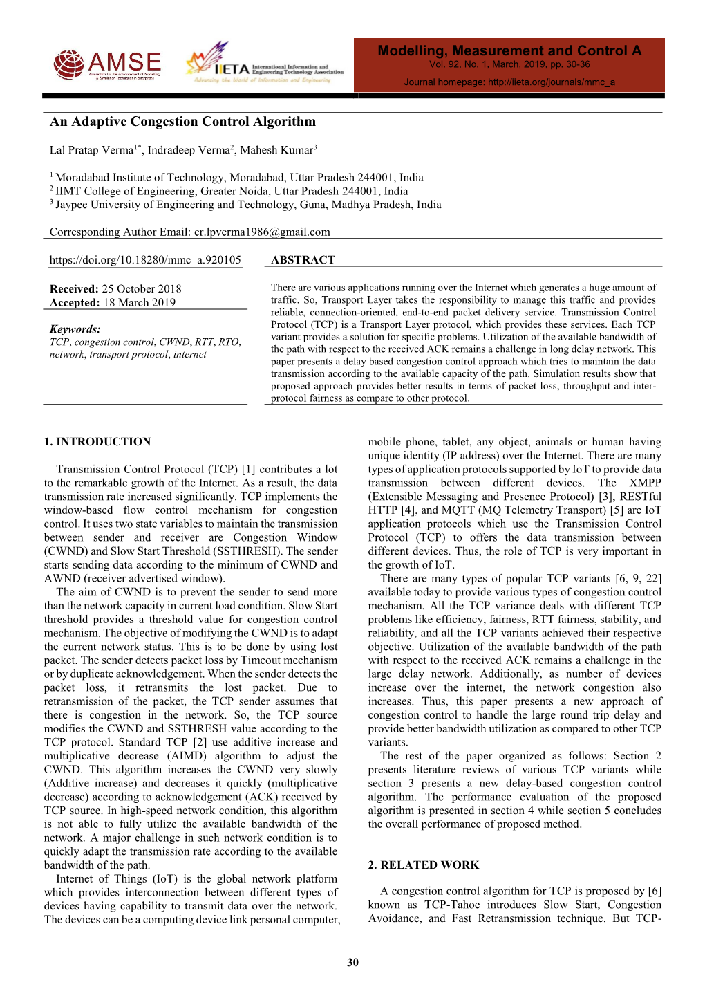 An Adaptive Congestion Control Algorithm Modelling, Measurement