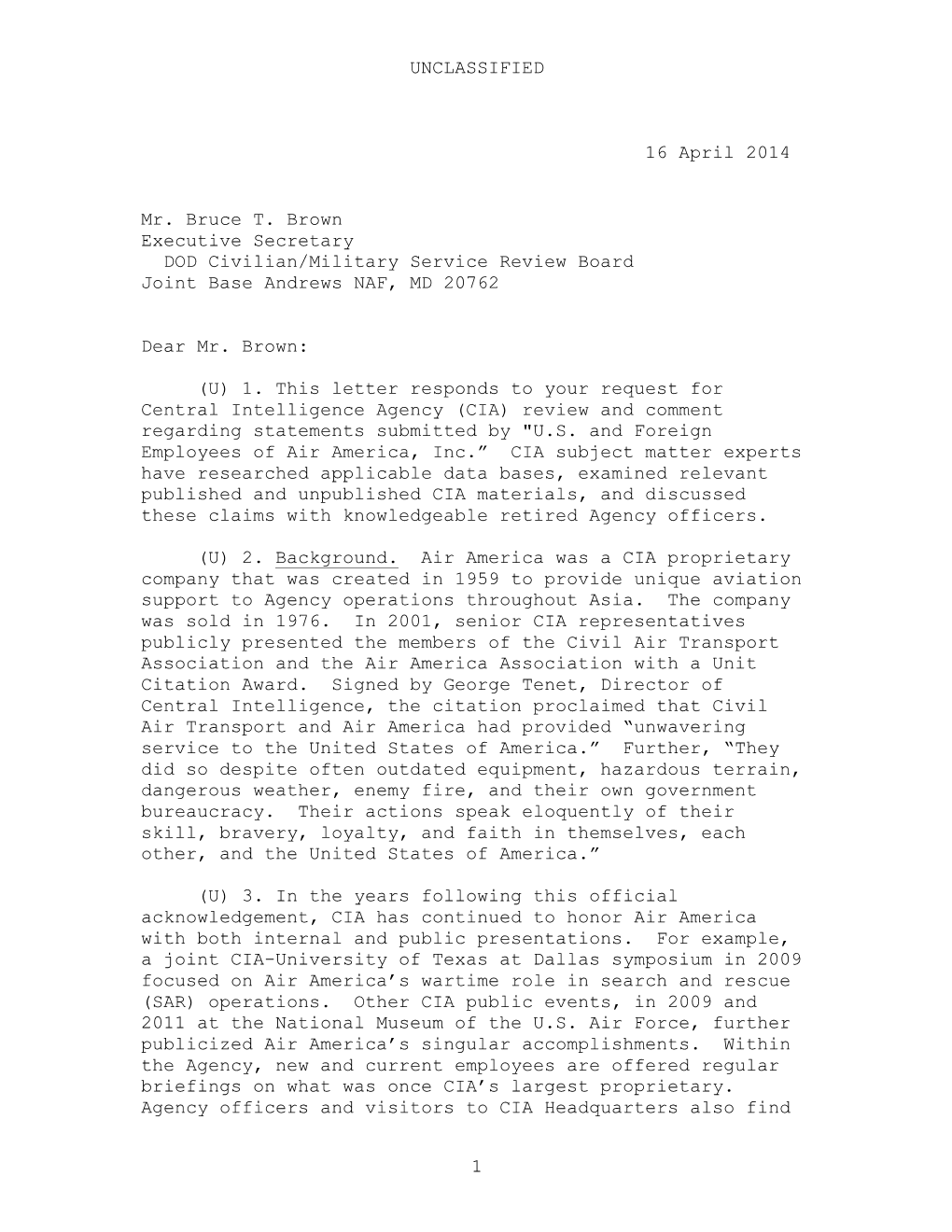 Letter from David Robarge Dated April 16, 2014