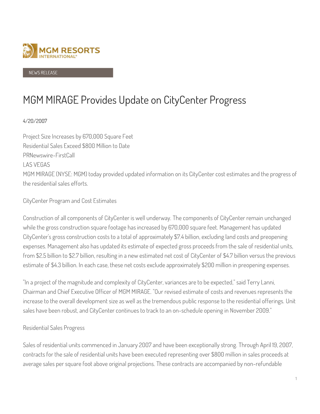 MGM MIRAGE Provides Update on Citycenter Progress