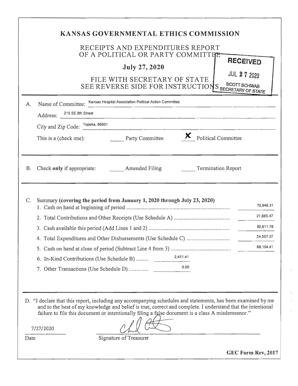 Kansas Governmental Ethics Commission Receipts And