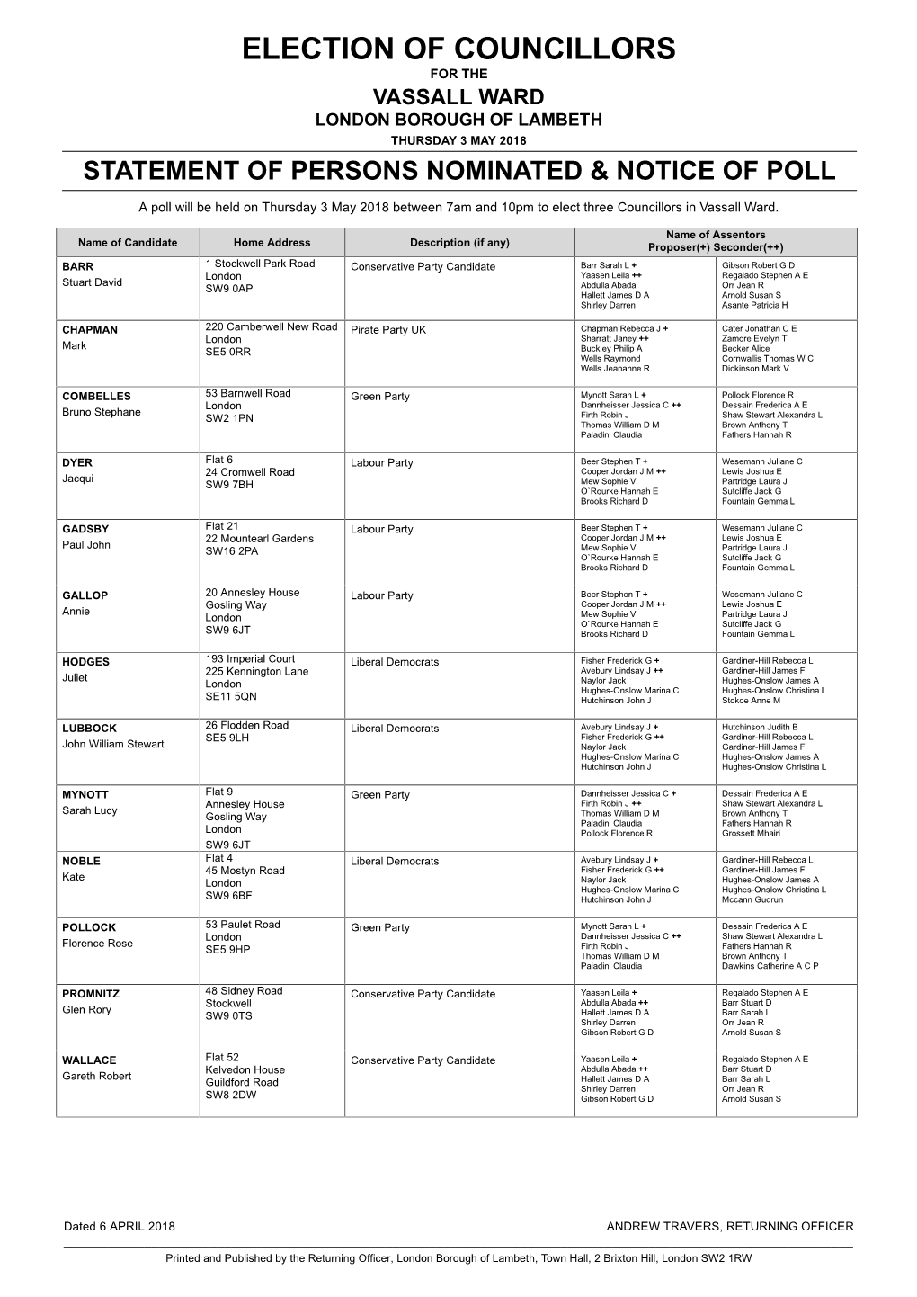 Election of Councillors for the Vassall Ward London Borough of Lambeth Thursday 3 May 2018 Statement of Persons Nominated & Notice of Poll