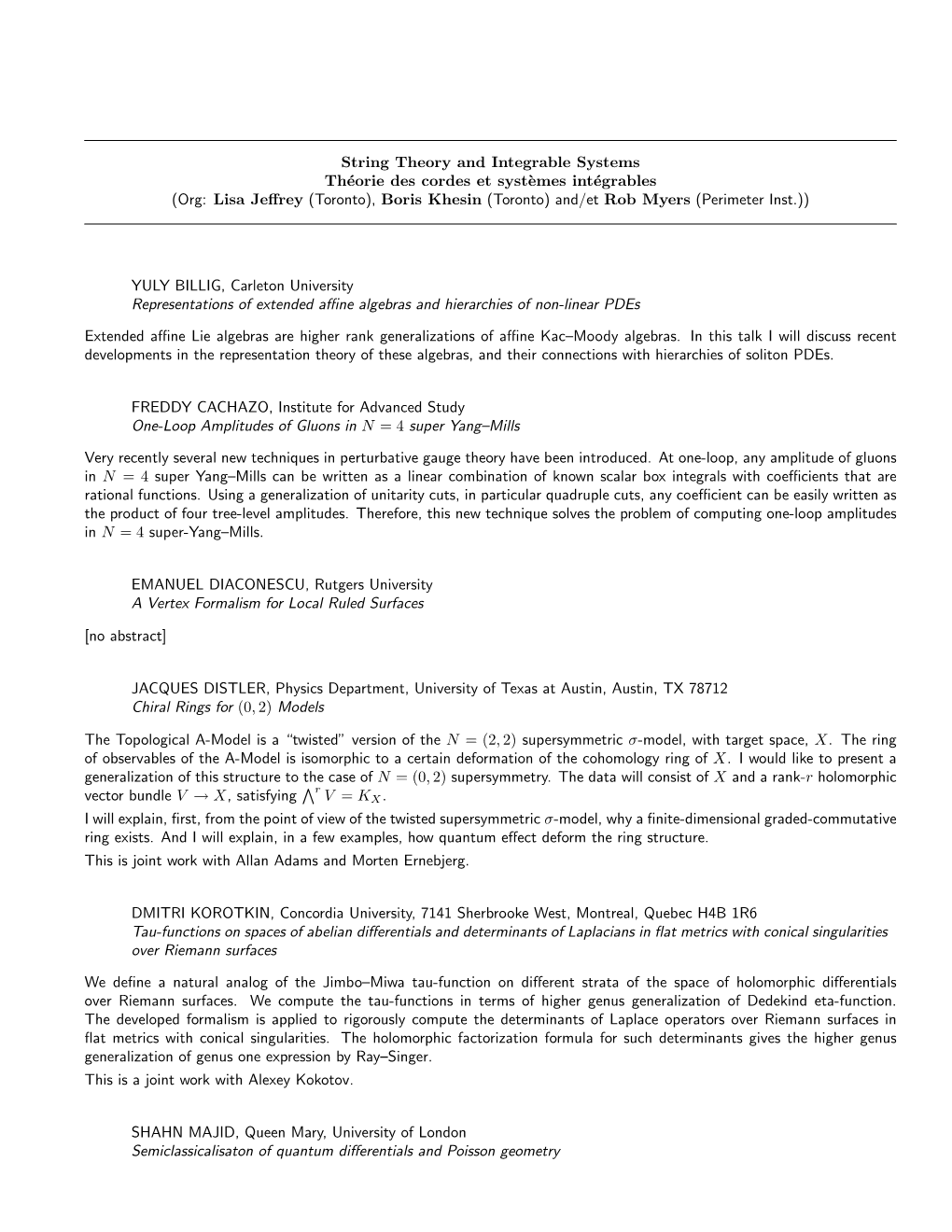 String Theory and Integrable Systems Théorie Des Cordes Et Syst`Emes