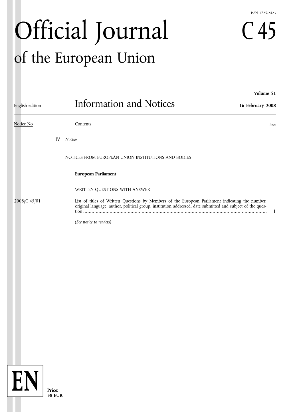 Official Journal C 45 of the European Union