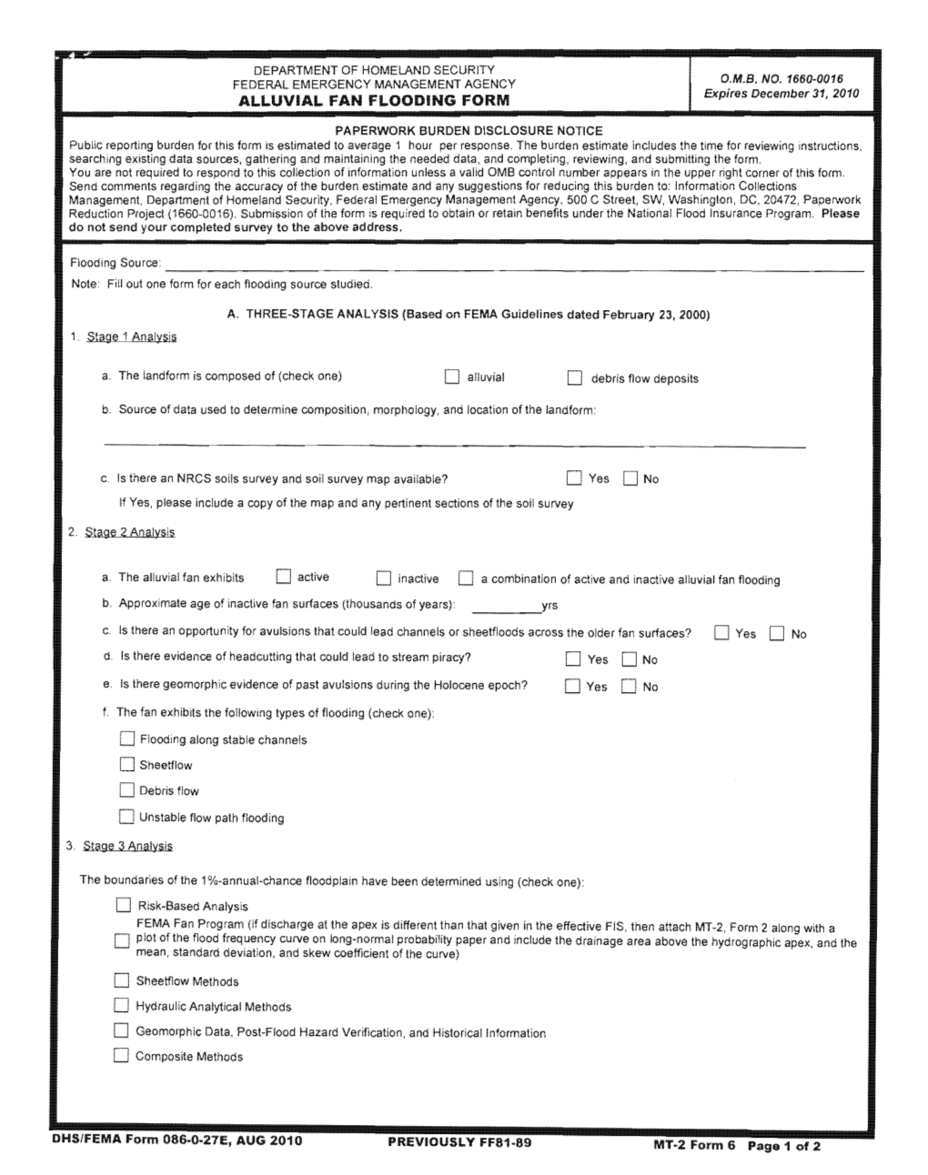 ALLUVIAL FAN FLOODING FORM Expires December 31, 2010