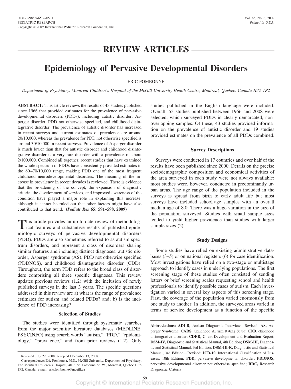 REVIEW ARTICLES Epidemiology of Pervasive Developmental Disorders