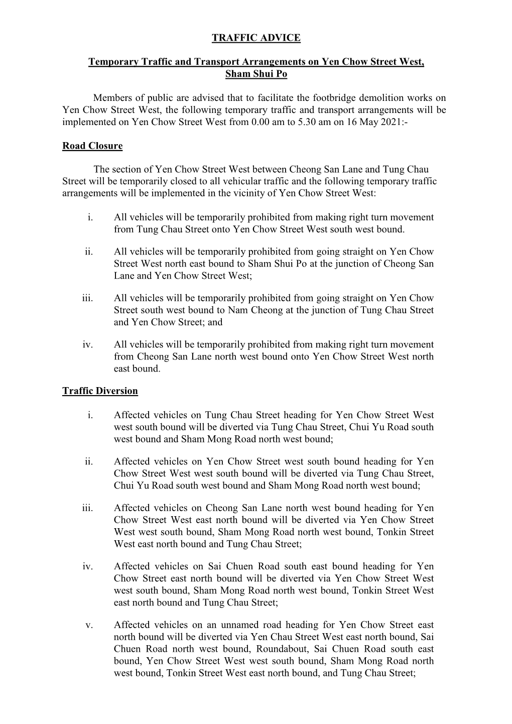 Temporary Traffic and Transport Arrangements on Yen Chow Street West, Sham Shui Po