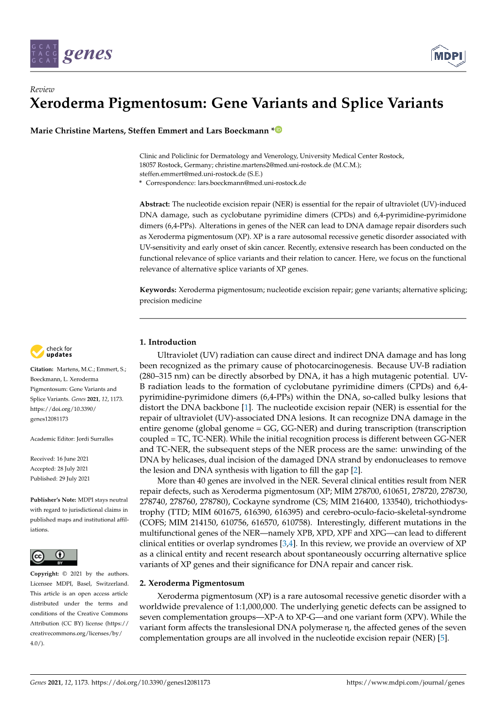 Xeroderma Pigmentosum: Gene Variants and Splice Variants