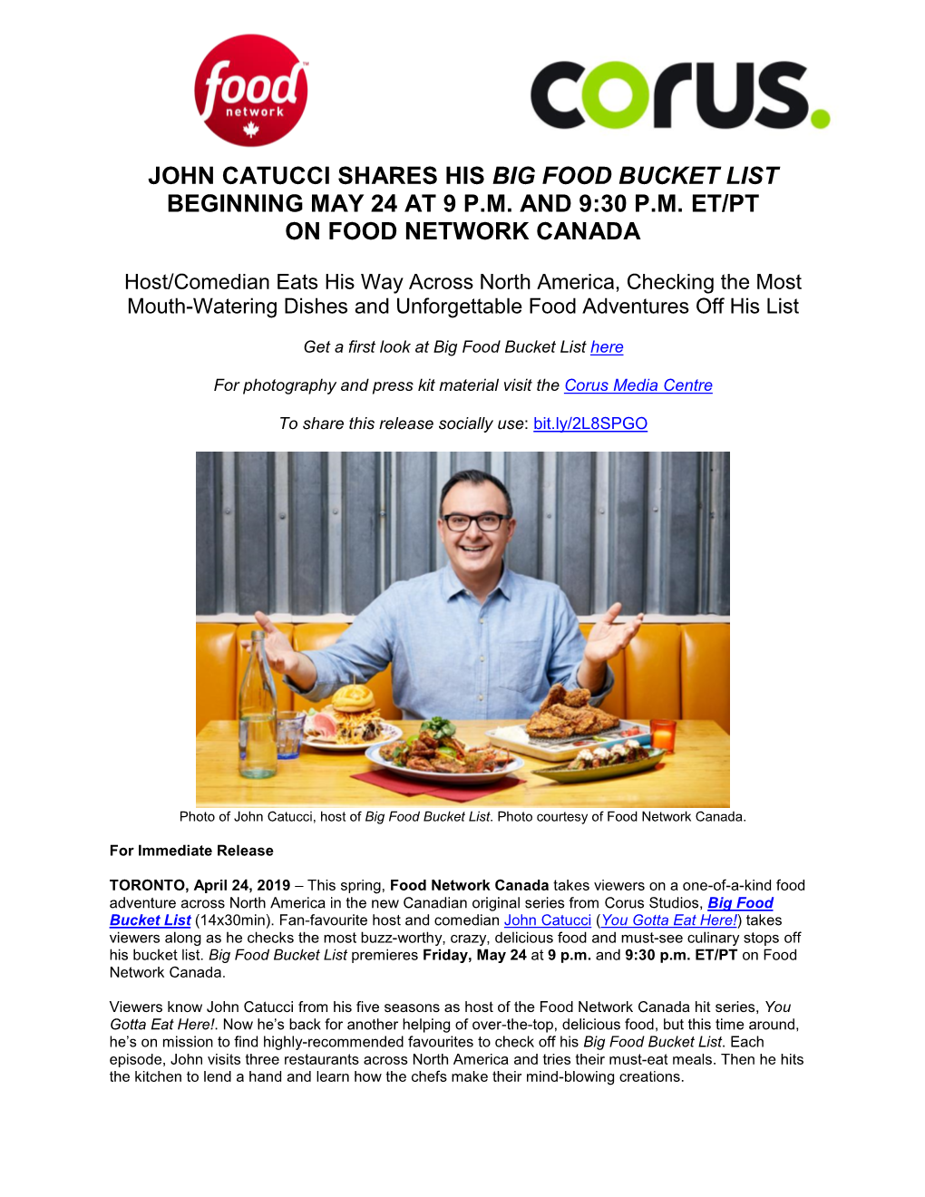 John Catucci Shares His Big Food Bucket List Beginning May 24 at 9 P.M. and 9:30 P.M. Et/Pt on Food Network Canada