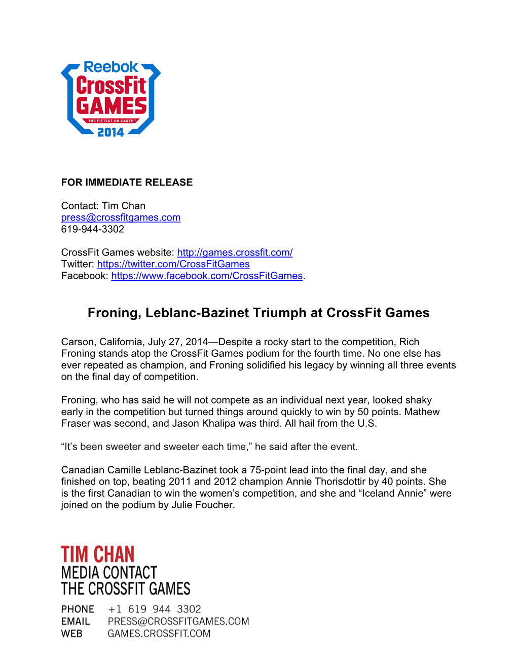 Froning, Leblanc-Bazinet Triumph at Crossfit Games