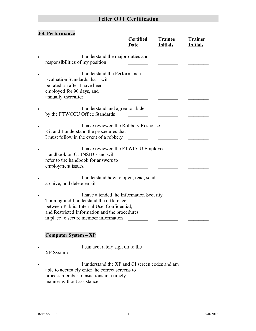 Teller OJT Certification