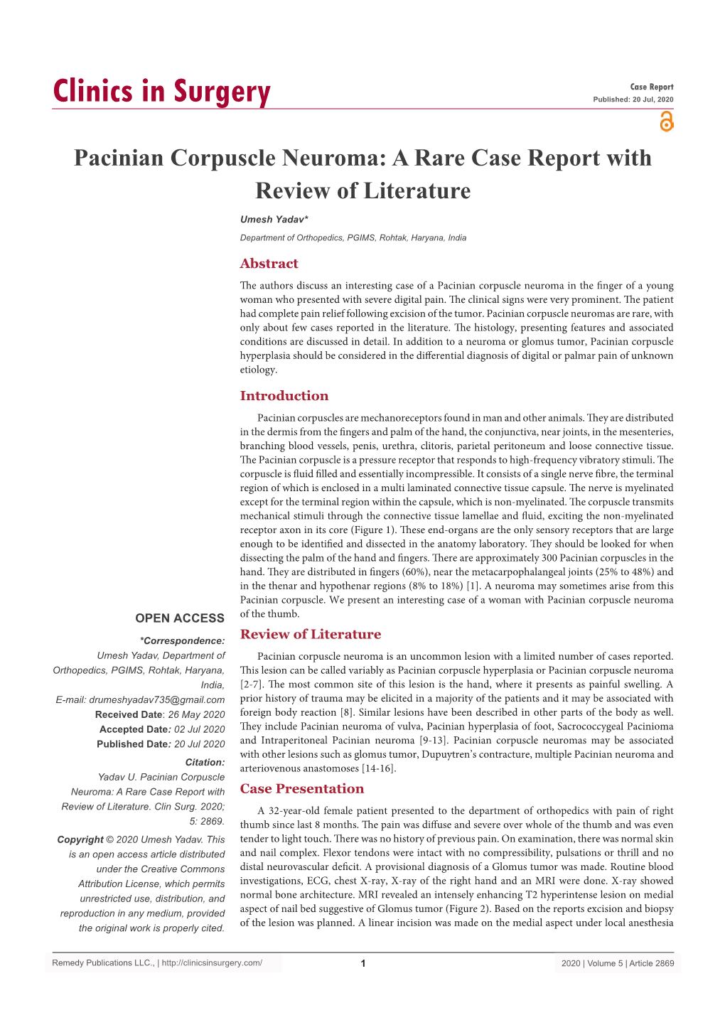 Pacinian Corpuscle Neuroma: a Rare Case Report with Review of Literature