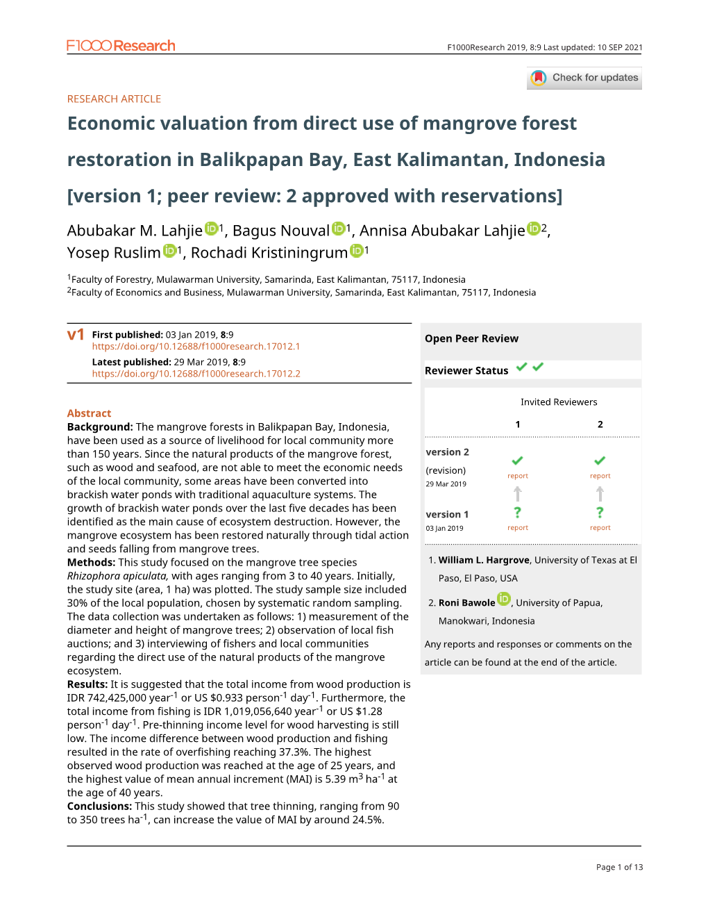 Economic Valuation from Direct Use of Mangrove Forest Restoration in Balikpapan Bay, East Kalimantan, Indonesia [Version 1; Peer Review: 2 Approved with Reservations]