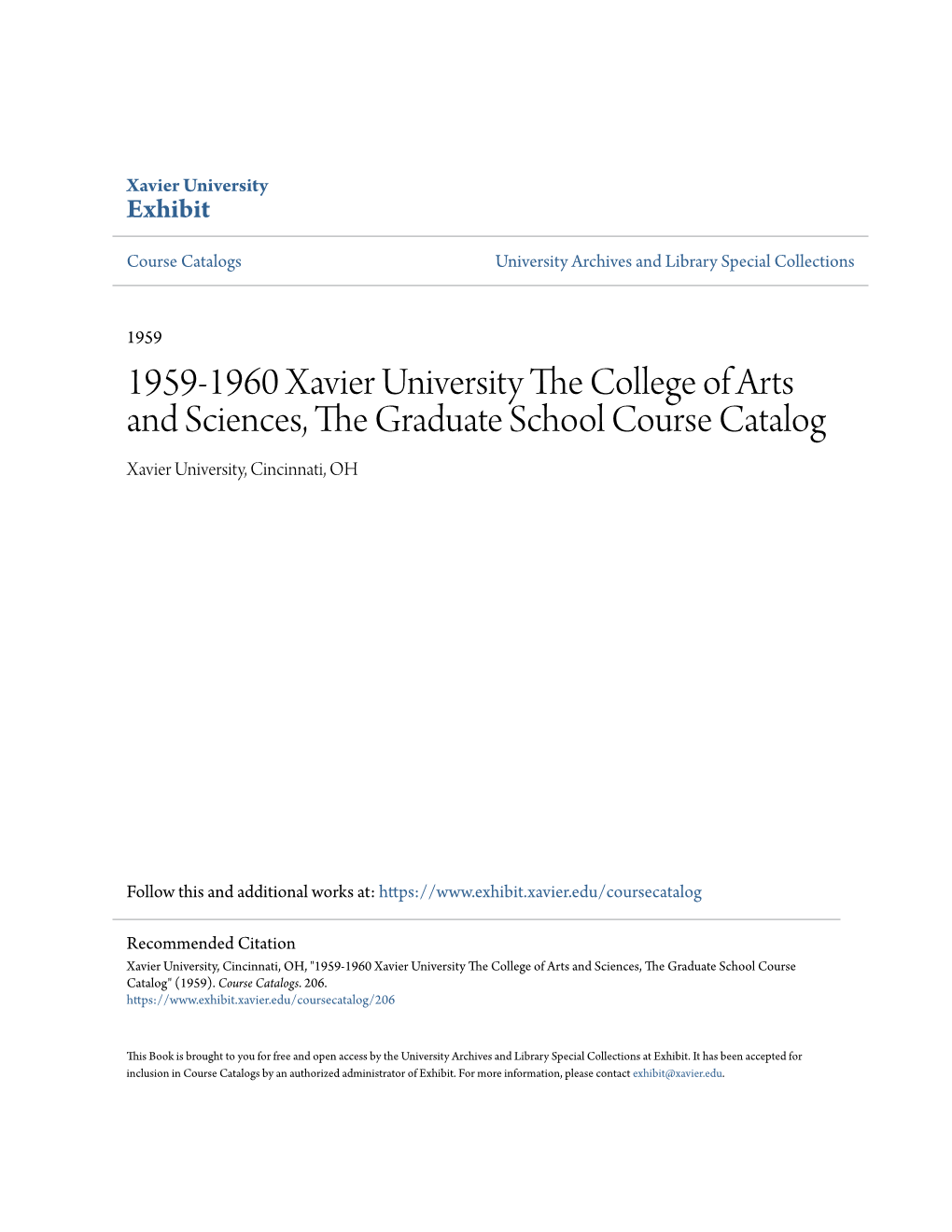 1959-1960 Xavier University the College of Arts and Sciences, The