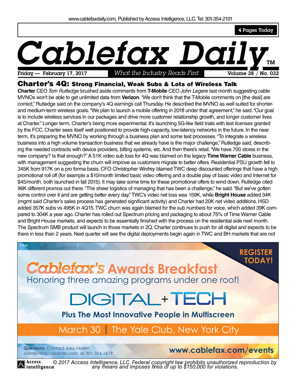Cablefax Dailytm Friday — February 17, 2017 What the Industry Reads First Volume 28 / No