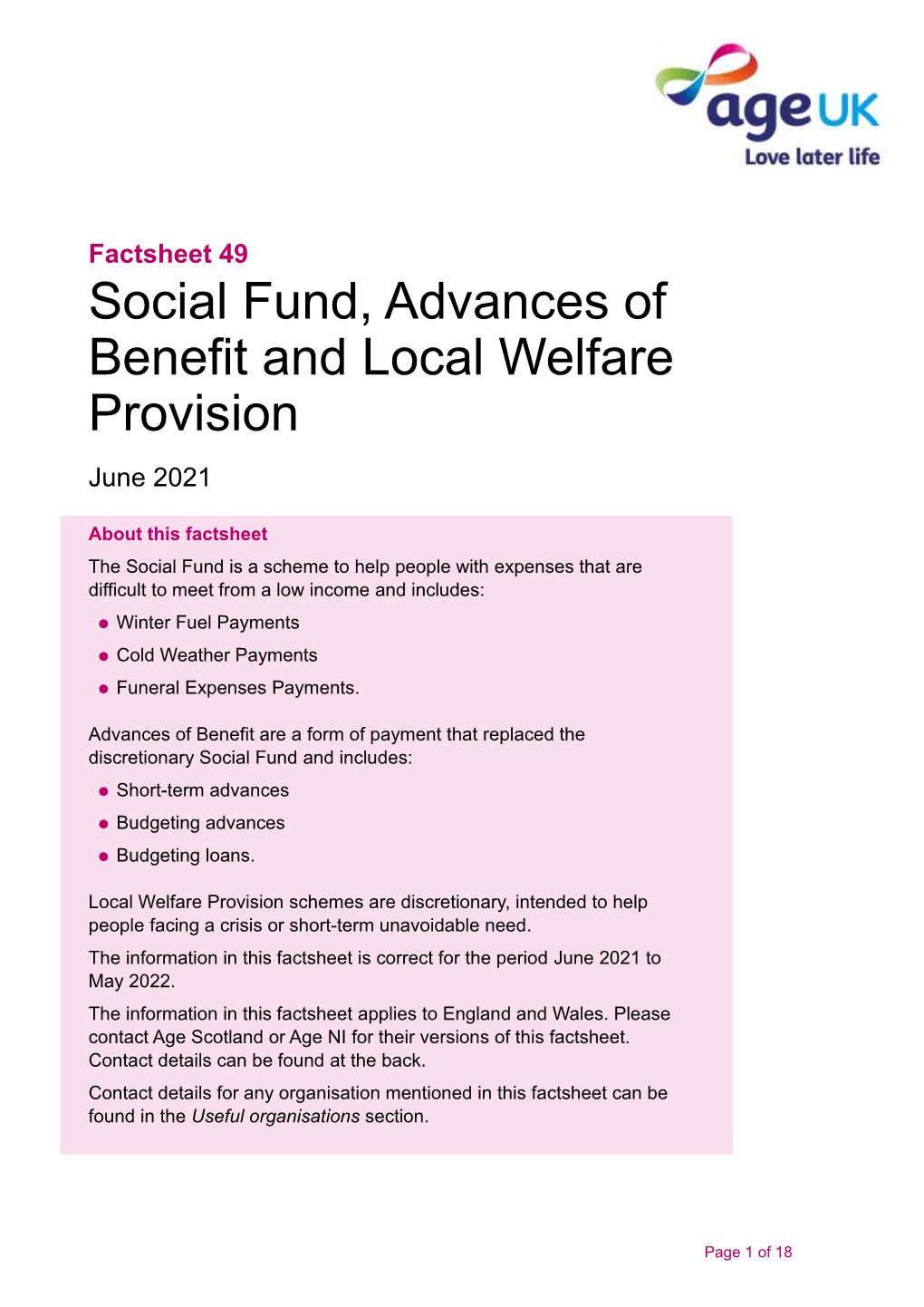 Social Fund, Advances of Benefit and Local Welfare Provision June 2021