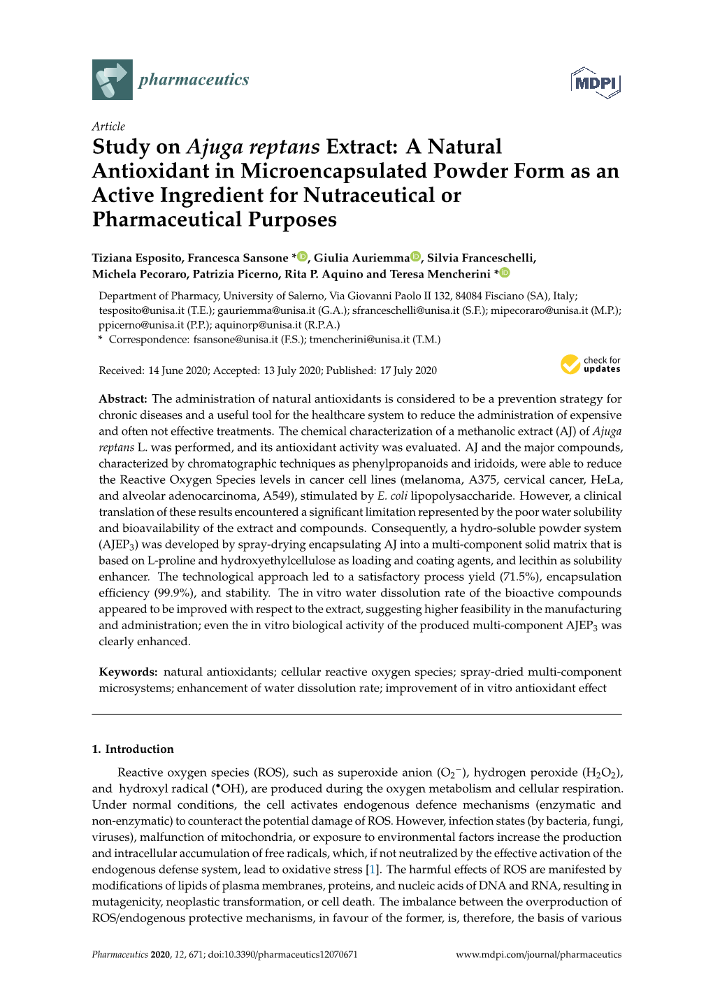 Study on Ajuga Reptans Extract: a Natural Antioxidant in Microencapsulated Powder Form As an Active Ingredient for Nutraceutical Or Pharmaceutical Purposes