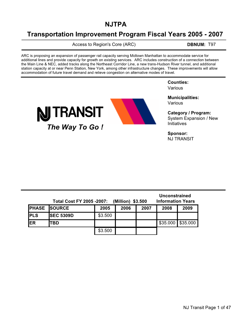 NJTPA Transportation Improvement Program Fiscal Years 2005 - 2007