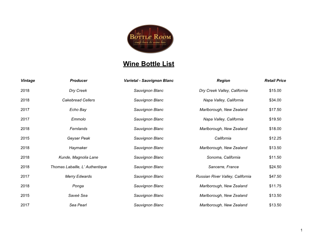 Wine Bottle List