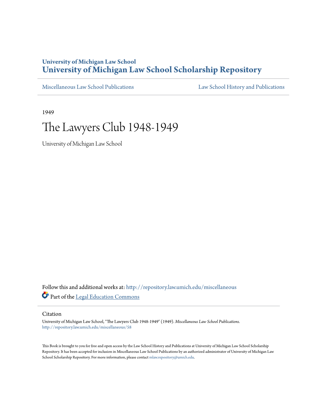 The Lawyers Club 1948-1949 University of Michigan Law School