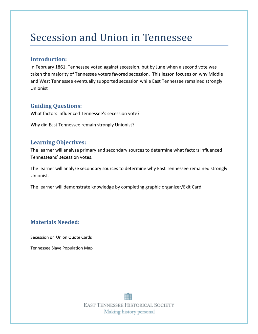 Secession and Union in Tennessee