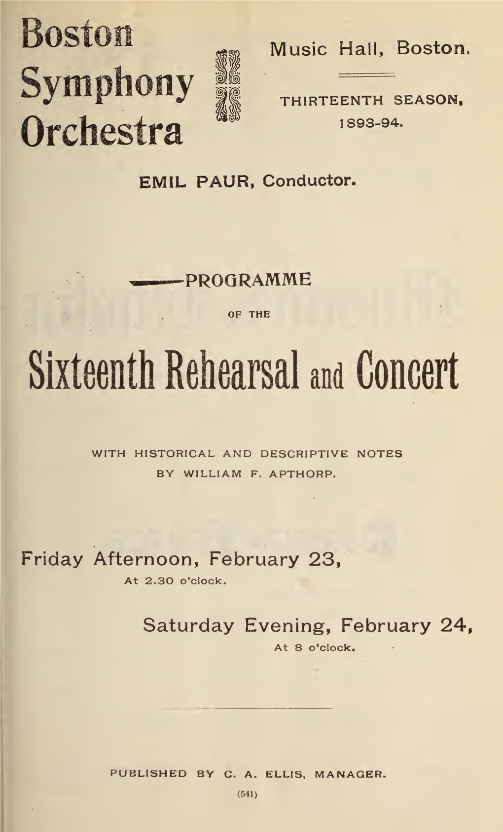 Boston Symphony Orchestra Concert Programs, Season 13, 1893-1894