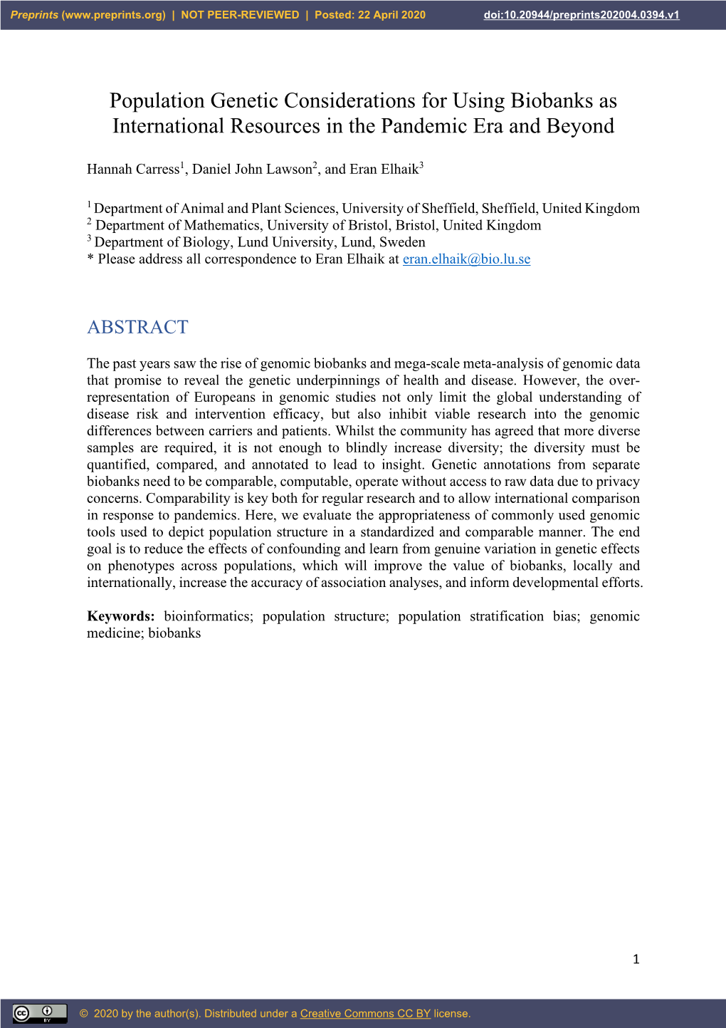 Population Genetic Considerations for Using Biobanks As International Resources in the Pandemic Era and Beyond