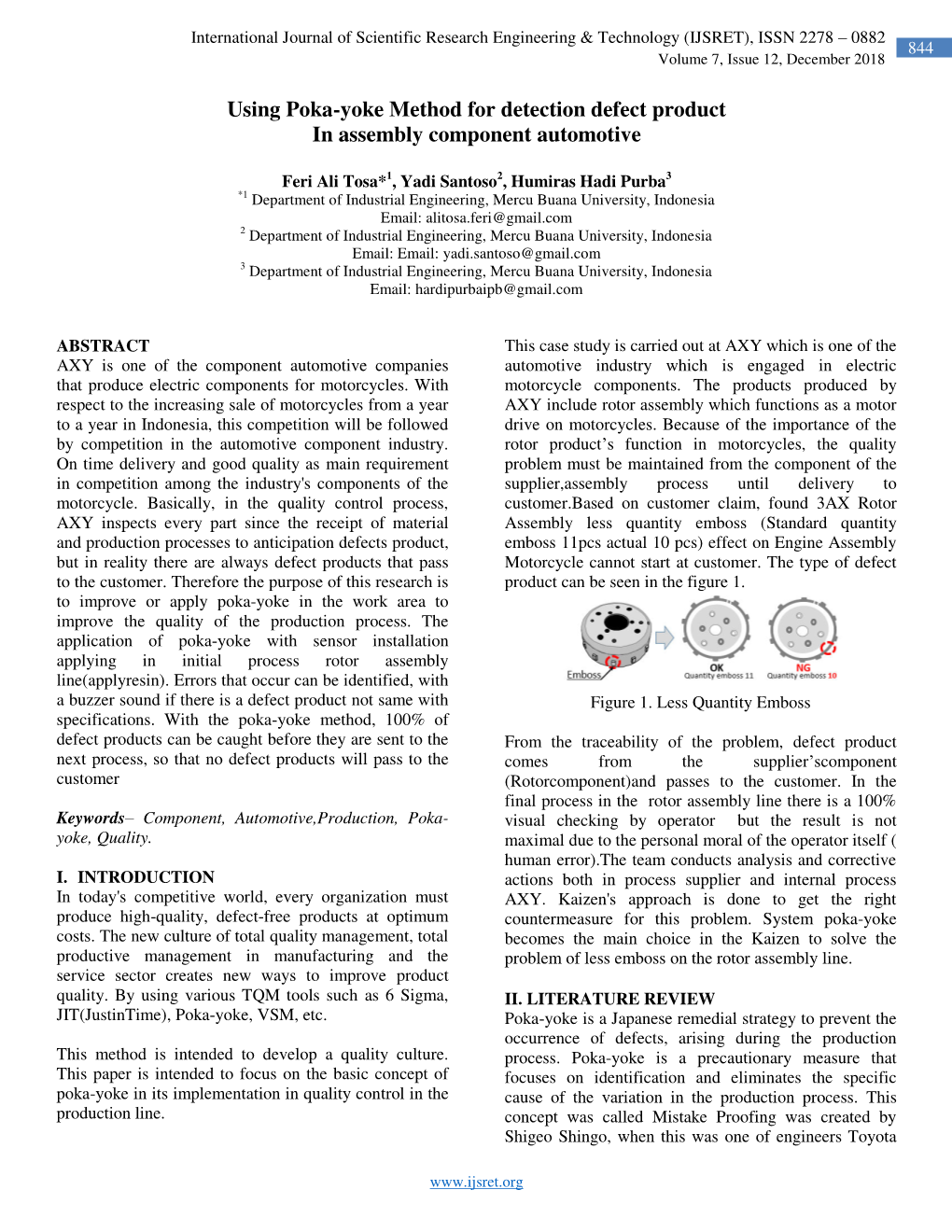 Using Poka-Yoke Method for Detection Defect Product in Assembly Component Automotive