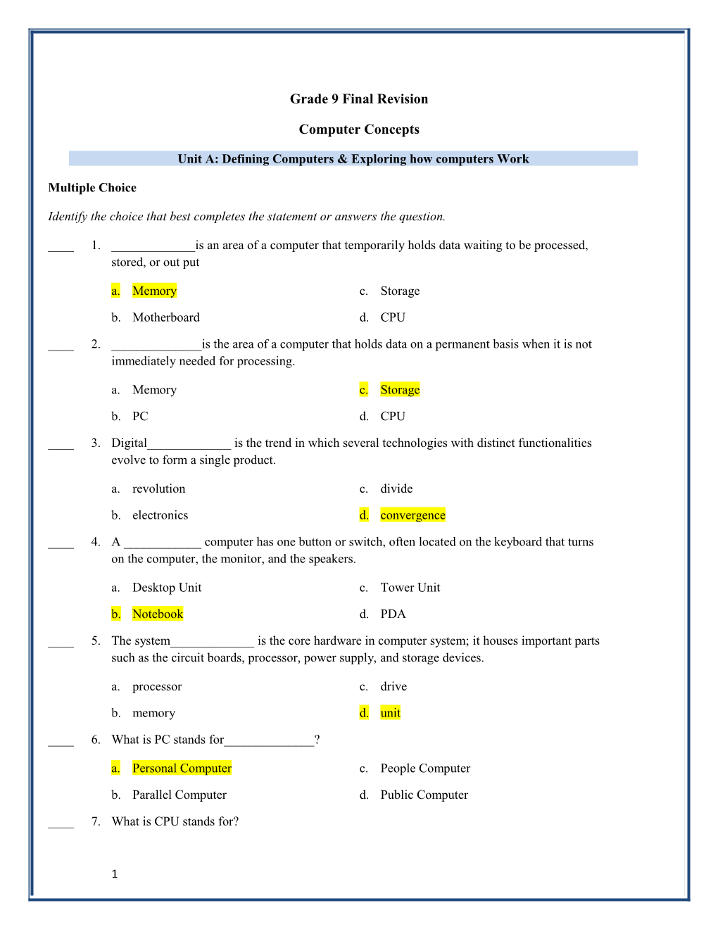 Unit A: Defining Computers & Exploring How Computers Work