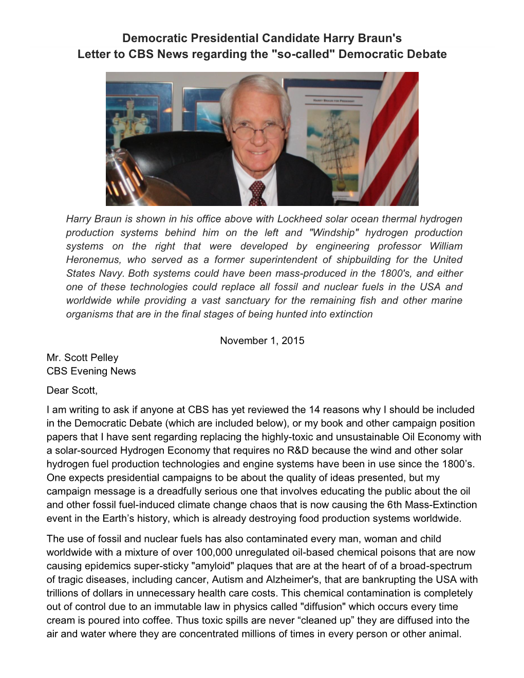 Harry Braun's Letter to CBS News Regarding the "So-Called" Democratic Debate