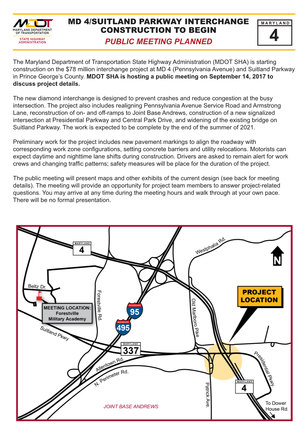 Md 4/Suitland Parkway Interchange Construction to Begin Public Meeting Planned
