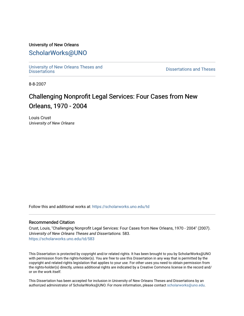 Challenging Nonprofit Legal Services: Four Cases from New Orleans, 1970 - 2004