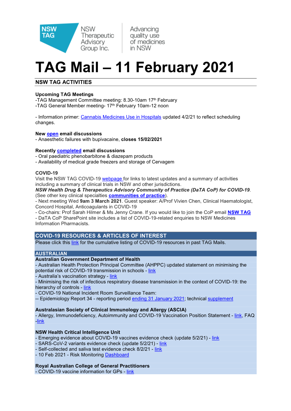 TAG Mail – 11 February 2021 NSW TAG ACTIVITIES