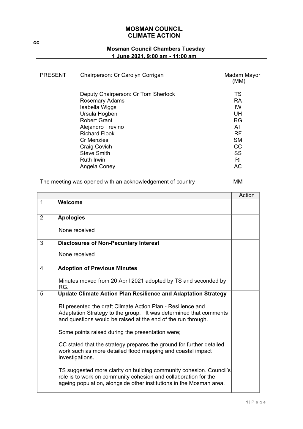 MOSMAN COUNCIL CLIMATE ACTION Cc Mosman Council Chambers Tuesday 1 June 2021, 9:00 Am - 11:00 Am