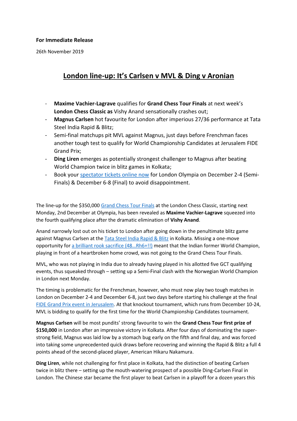London Line-Up: It's Carlsen V MVL & Ding V Aronian