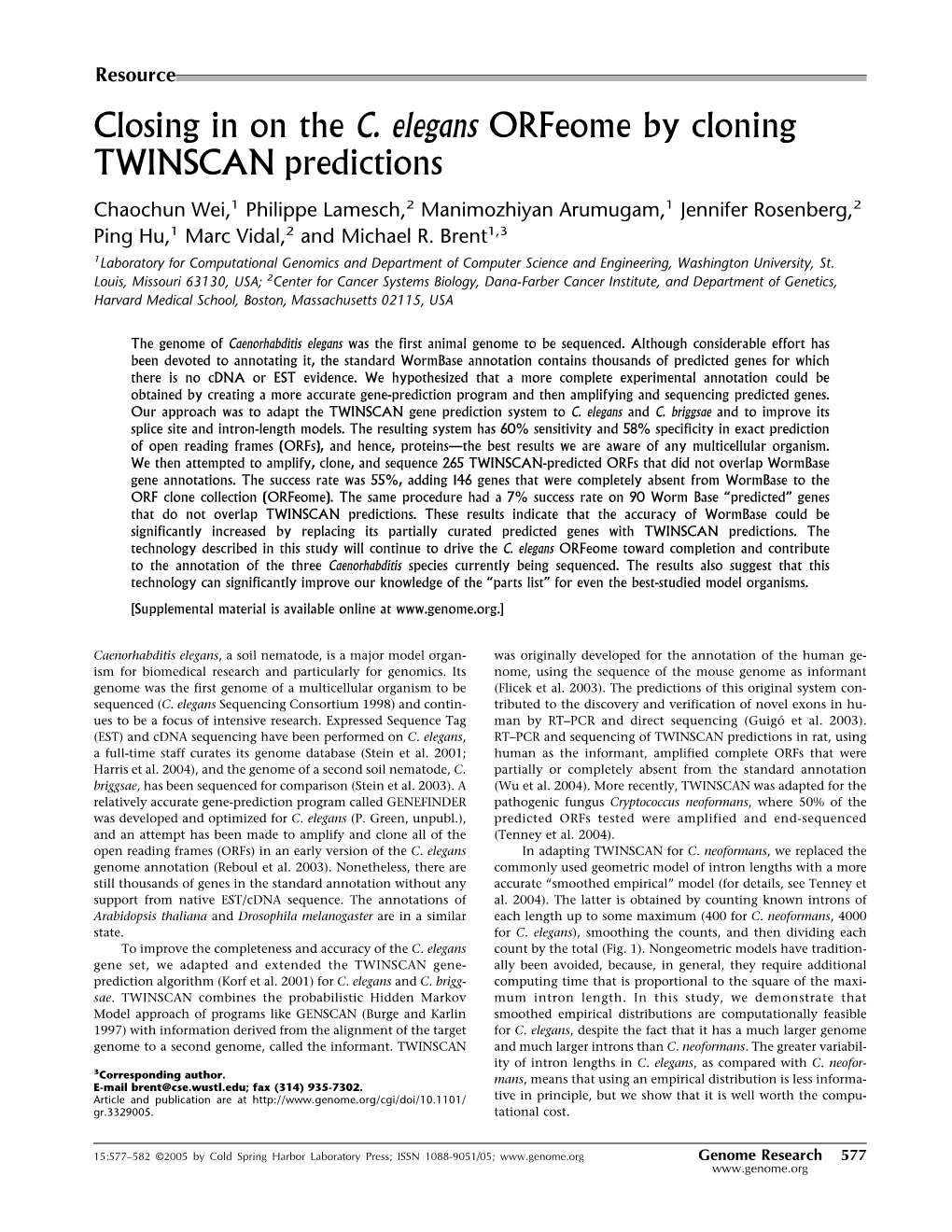 Closing in on the C. Elegans Orfeome by Cloning TWINSCAN Predictions