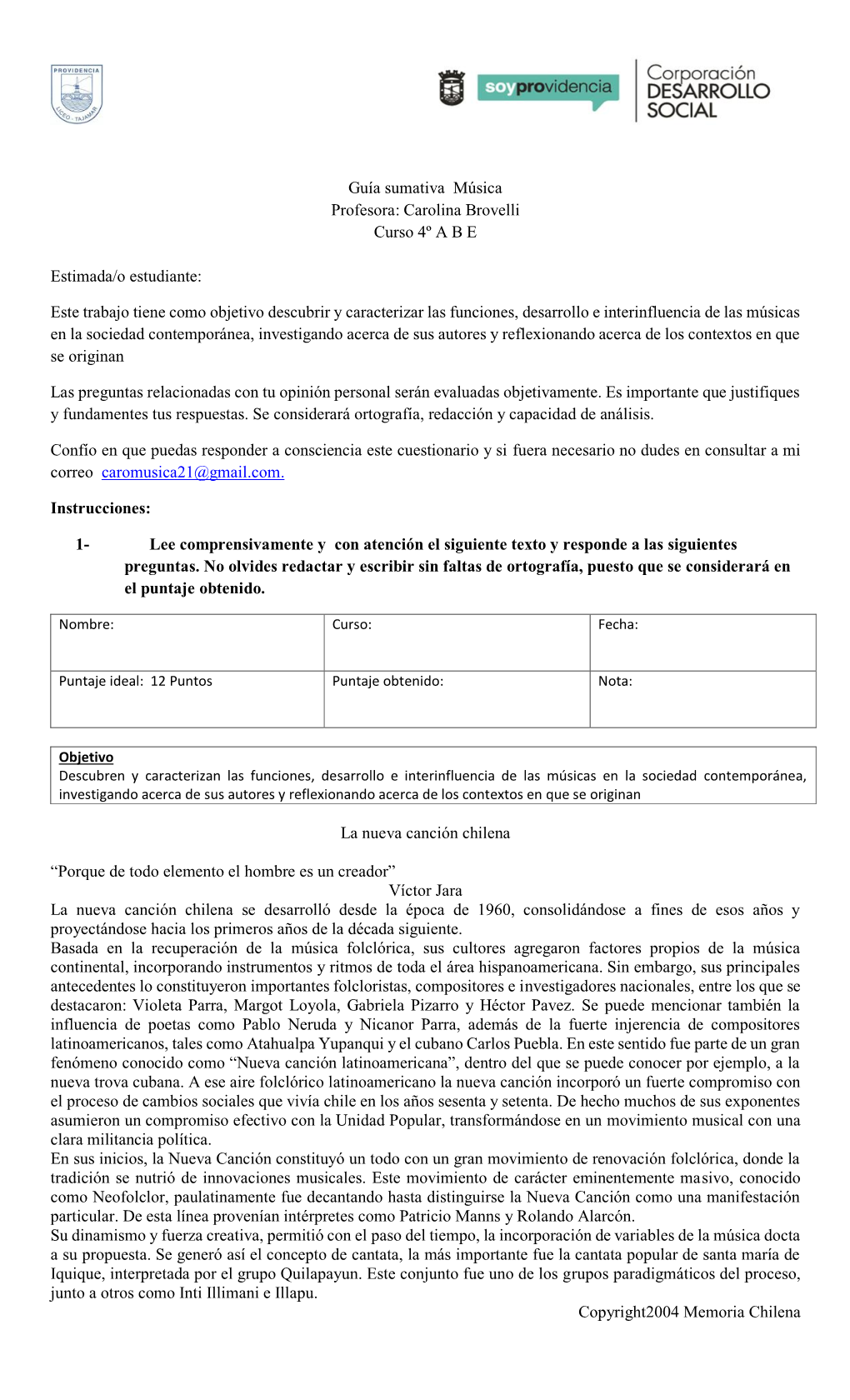 Guía Sumativa Música Profesora: Carolina Brovelli Curso 4º a B E