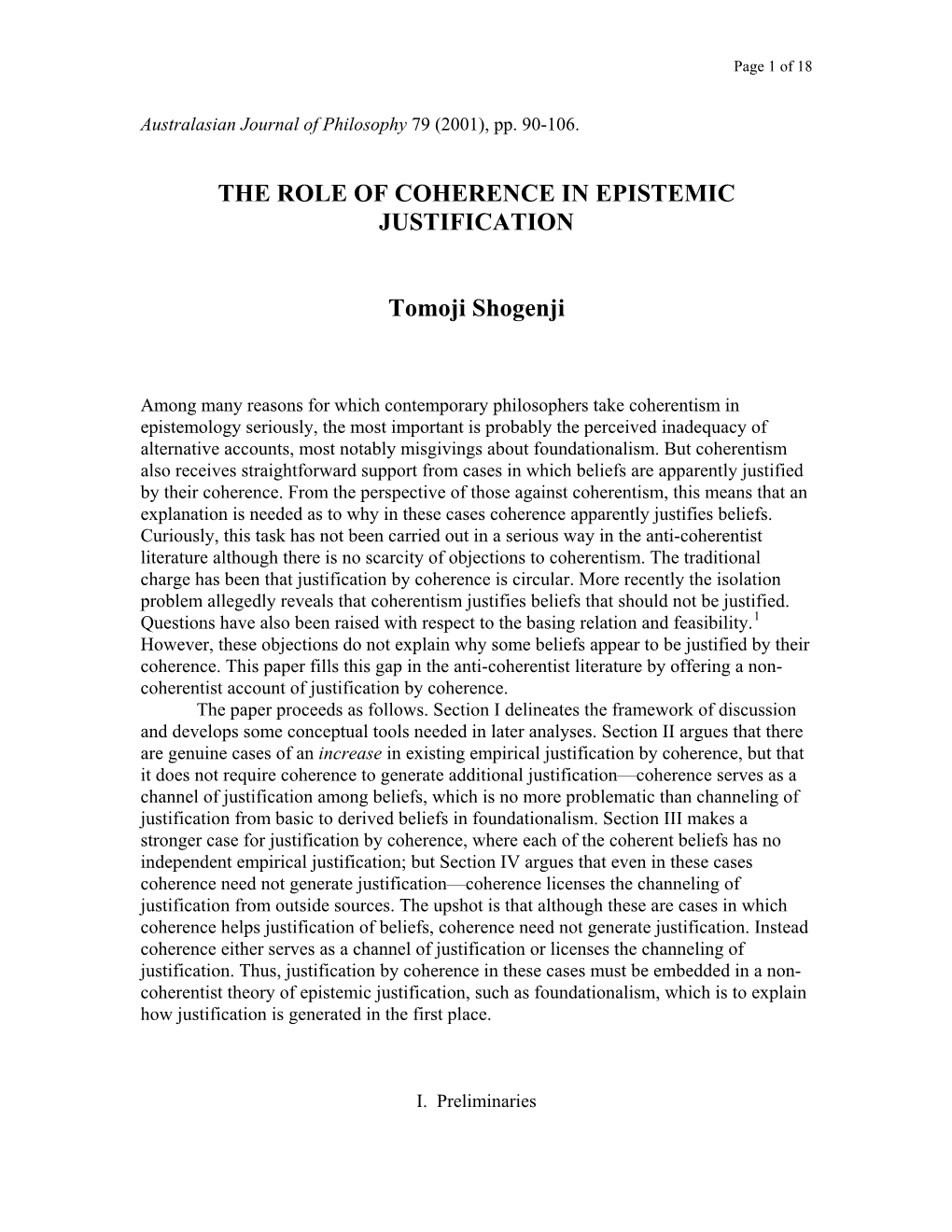 The Role of Coherence in Epistemic Justification