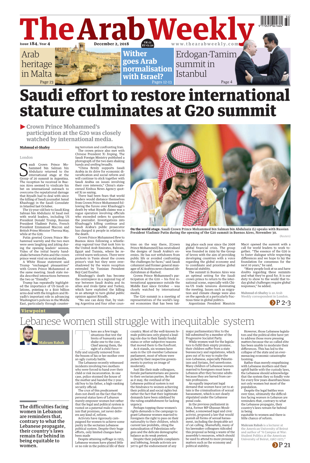 Saudi Effort to Restore International Stature Culminates at G20 Summit ► Crown Prince Mohammed’S Participation at the G20 Was Closely Watched by International Media