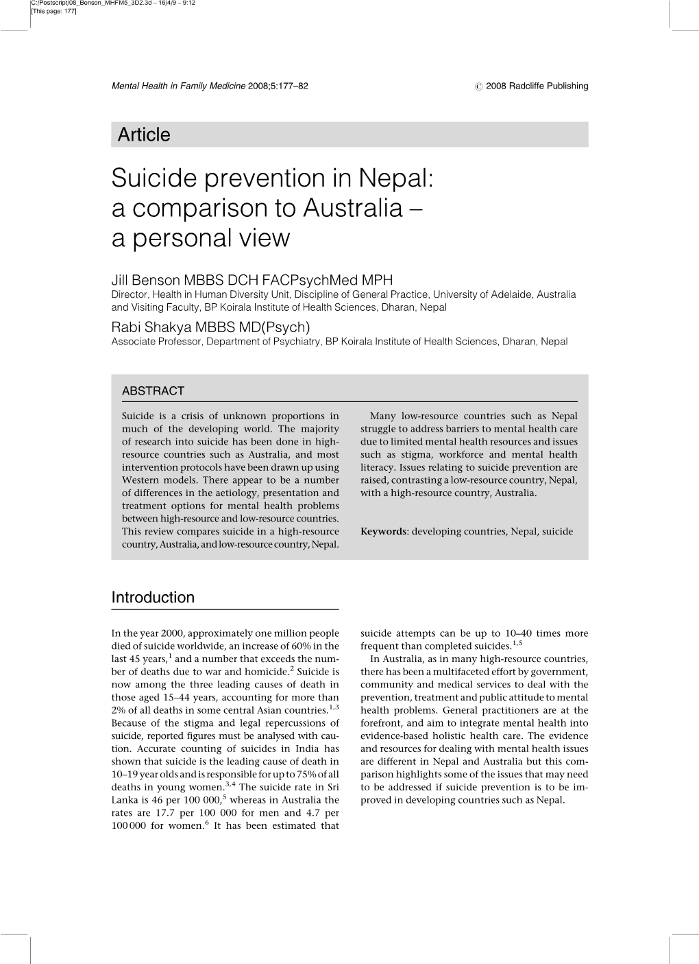 Suicide Prevention in Nepal: a Comparison to Australia – a Personal View