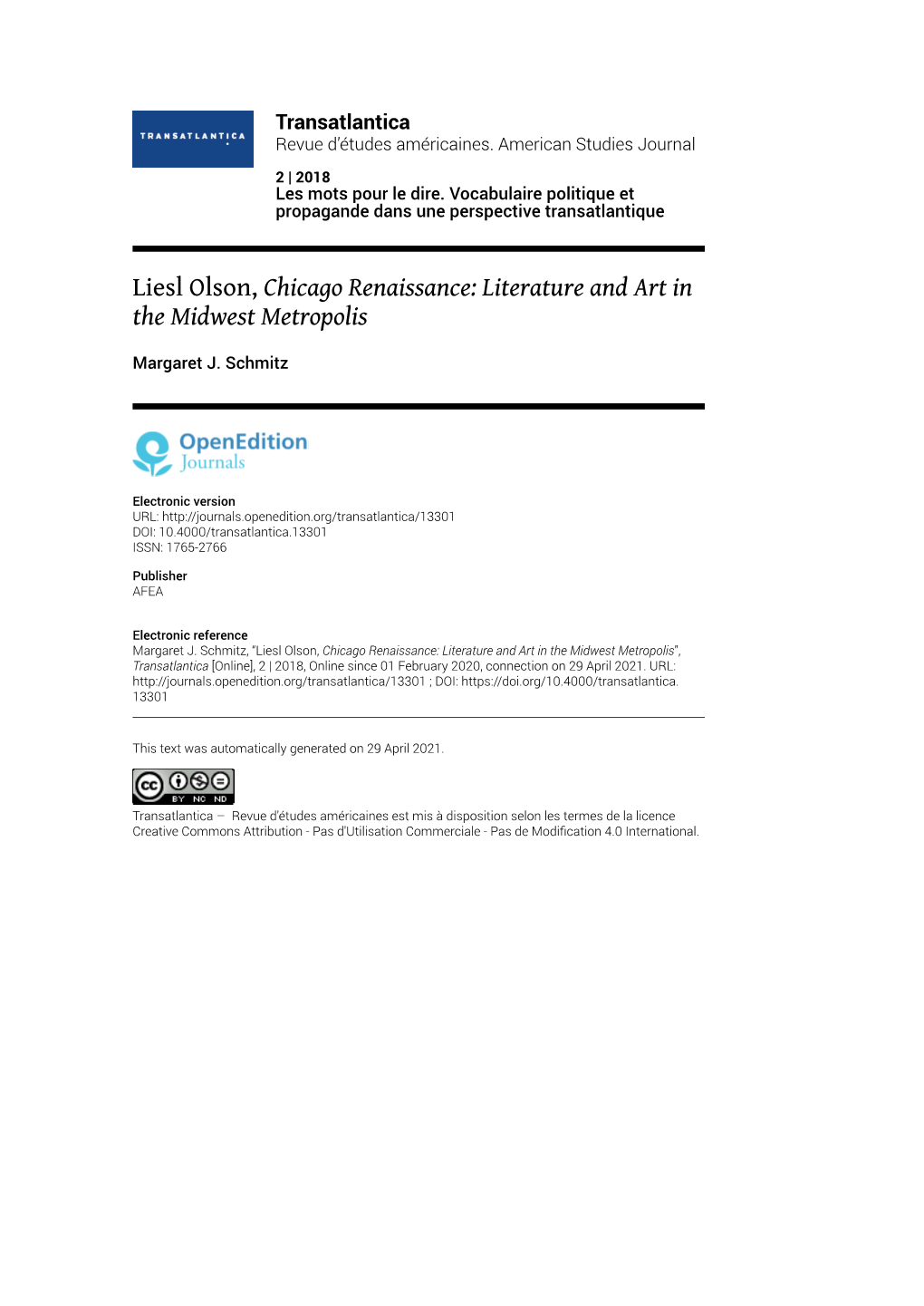 Transatlantica, 2 | 2018 Liesl Olson, Chicago Renaissance: Literature and Art in the Midwest Metropolis 2