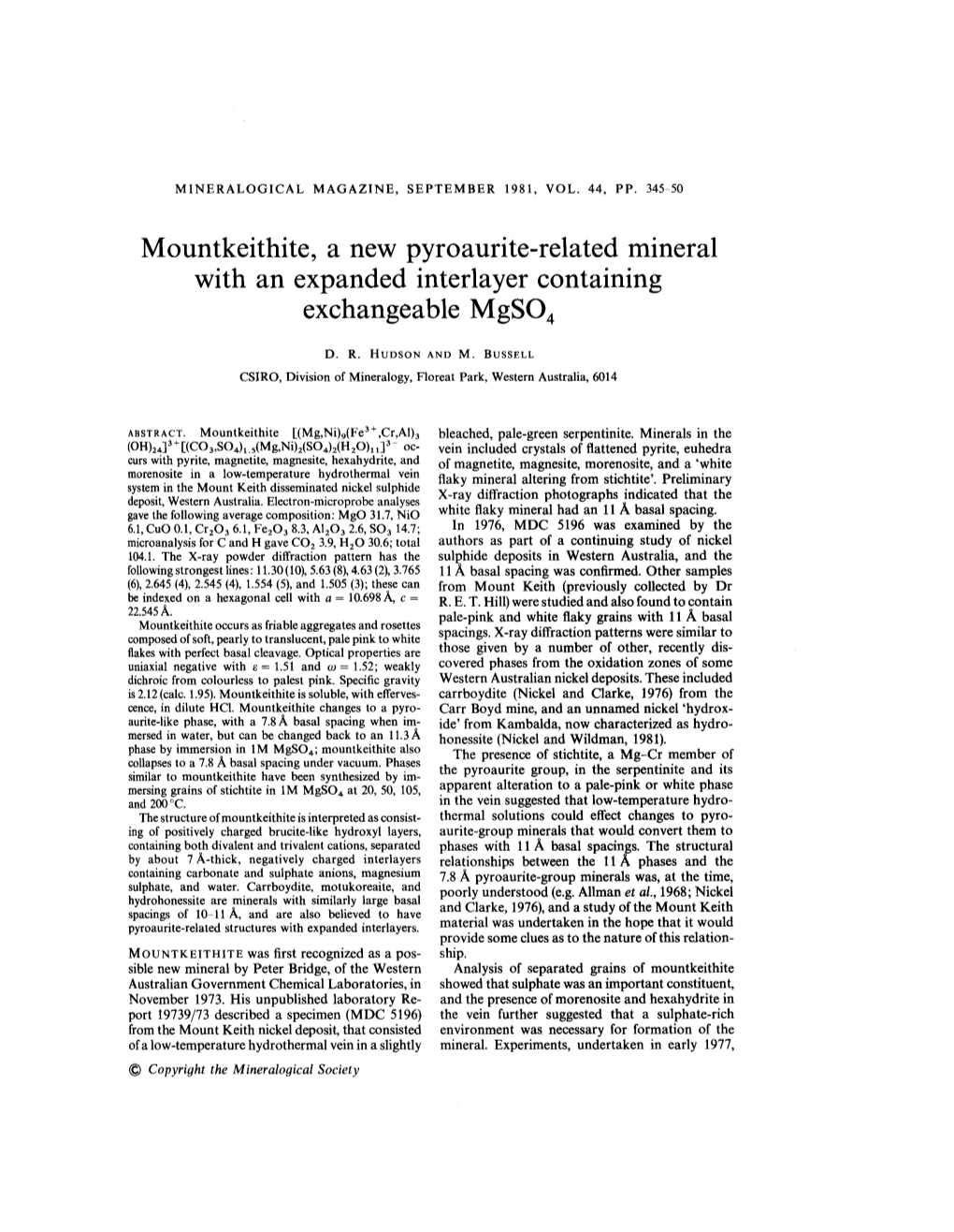 Mountkeithite, a New Pyroaurite-Related Mineral with an Expanded Interlayer Containing Exchangeable Mgs04