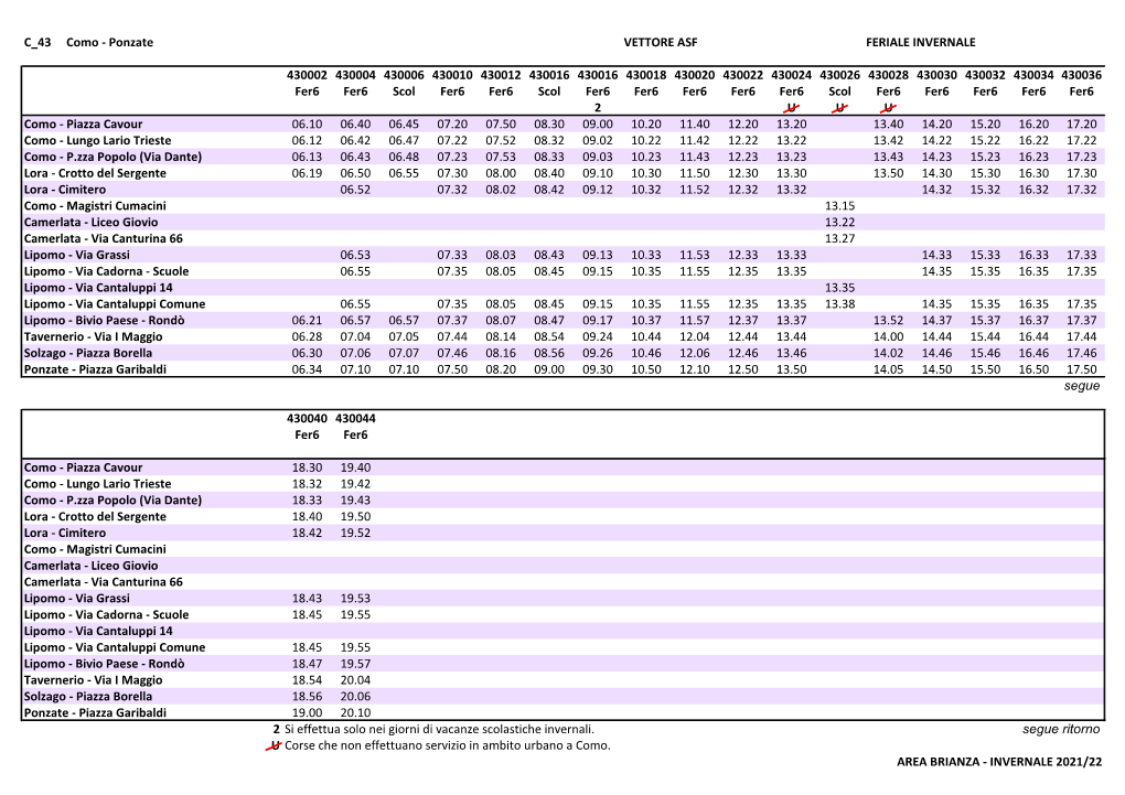 C 43 Como - Ponzate VETTORE ASF FERIALE INVERNALE